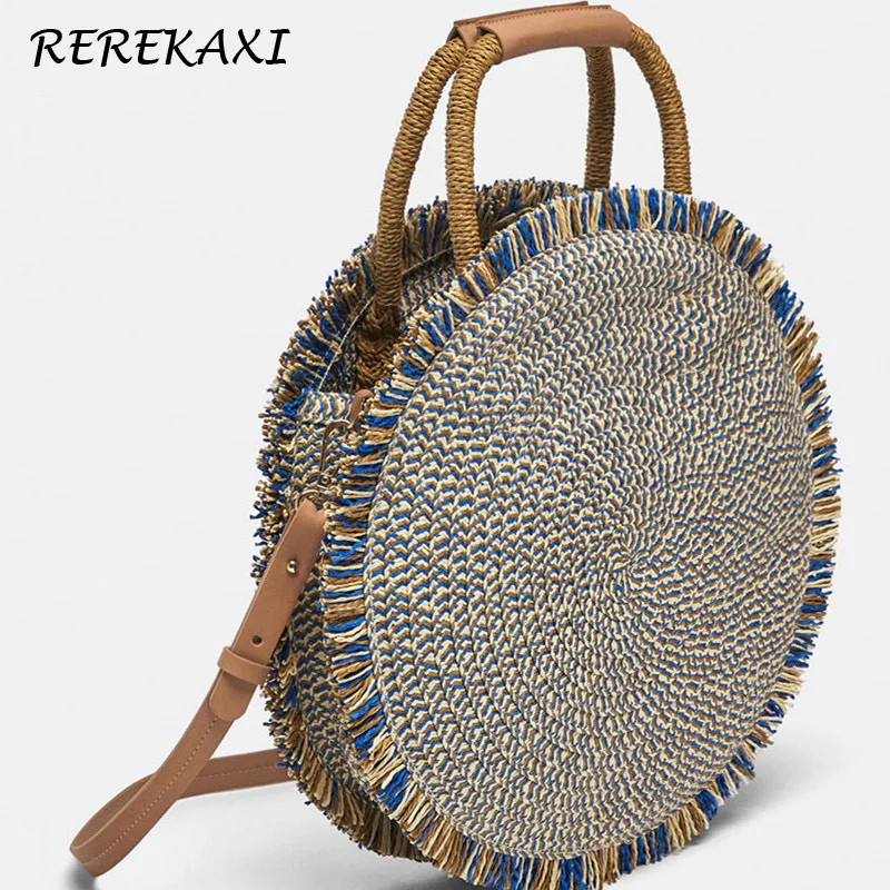 REREKAXI أزياء النساء حقيبة يد جولة اليدوية حقيبة كتف نسج الصيف حقائب الشاطئ البوهيمي القش حقيبة الإناث حقيبة ساع حمل