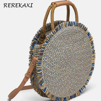 

Round Tassels Women Handbag Summer Straw Beach Bag Handmade Shoulder Messenger Bag Bohemian Woven Female Designer Crossbody Tote