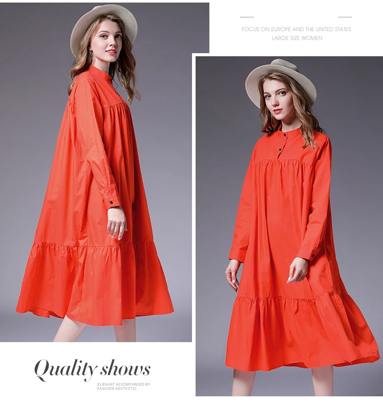 Autumn new plus size women's loose dresses Pure cotton casual Elegant long dresses oversize high waist Mandarin neck XL-4XL