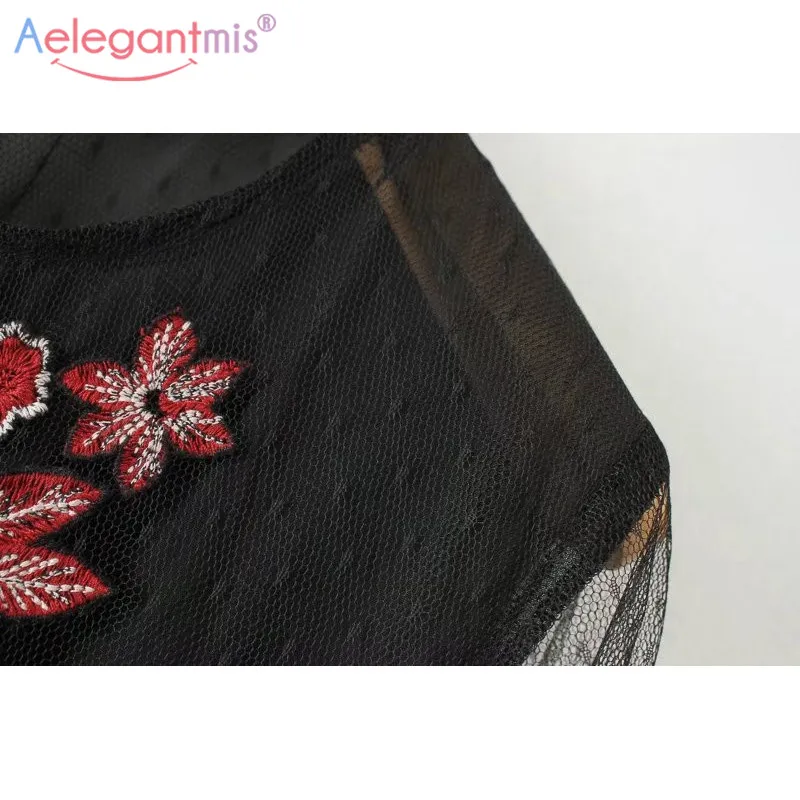 Женское Сетчатое платье Aelegantmis Черное мини с длинным рукавом и цветочной