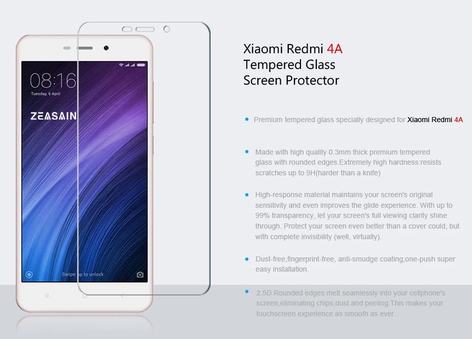 [2 Pack] Original ZEASAIN 2.5D Tempered Glass Screen Protector For xiaomi redmi 4a redmi4a Xiomi Toughened Protective Film (8)