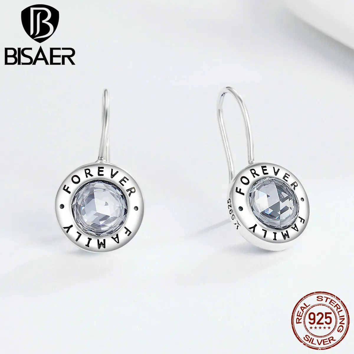 

BISAER Authentic 925 Sterling Silver Earrings Family Forever Round Stud Earrings for Women Fashion Earrings Jewelry brincos