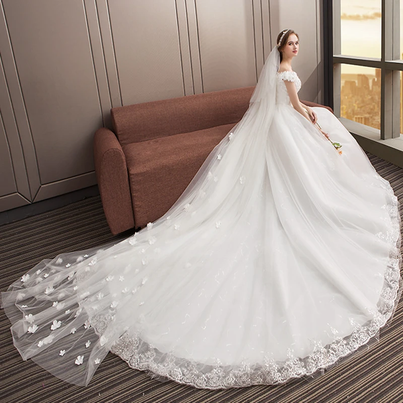 

A shoulder lace Flower trailing wedding dress wholesale simple large size Bridal Dress Marriage Custom Made Size Robe De Mariage