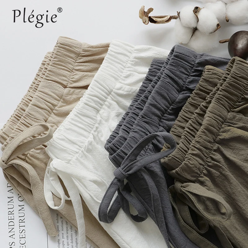 Plegie/летние женские шорты из хлопка и льна, женские брюки, женские эластичные свободные повседневные шорты с карманами