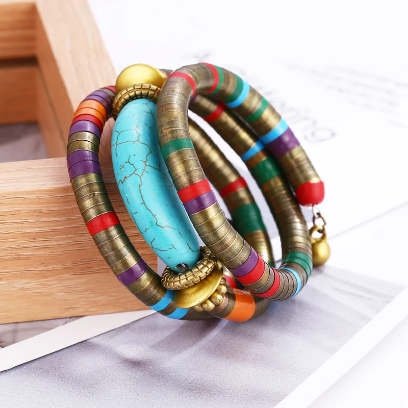 HOCOLE Natural Stone Colorful Snake Bangle Bracelets For Women Vintage Multilayer Metal Bracelet Jewelry Indian bangle bracelet stone bracelet snake bangle bracelet