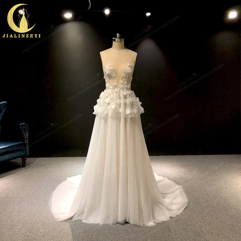 

JIALINZEYI Real Picture Deep V Neck with Organza Flowers A-line Fashion New Bridal wedding Gown Wedding Dresses 2019