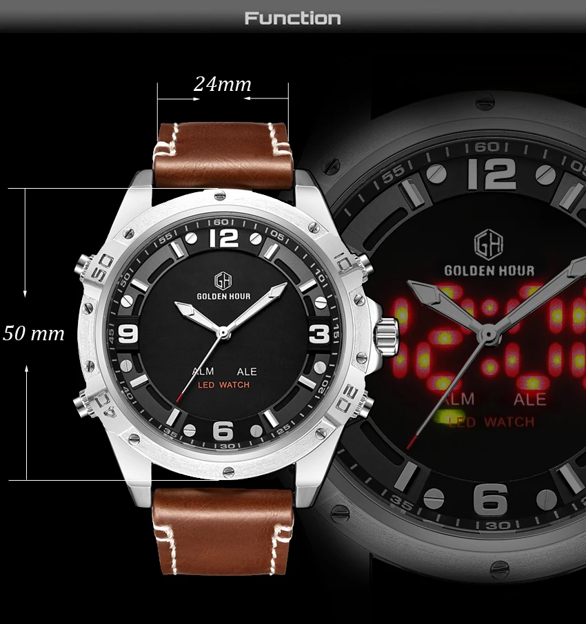 GOLDENHOUR Лидирующий бренд модные спортивные часы для мужчин кварцевые аналоговые светодиодный часы кожа военные водонепроницаемые часы Relogio Masculino подарок
