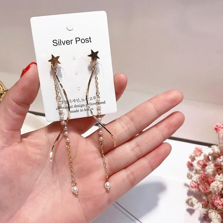 star peal tassel earring 925 silver post Hypoallergenic fadeless fashion jewelry dangle earrings for women girl gift