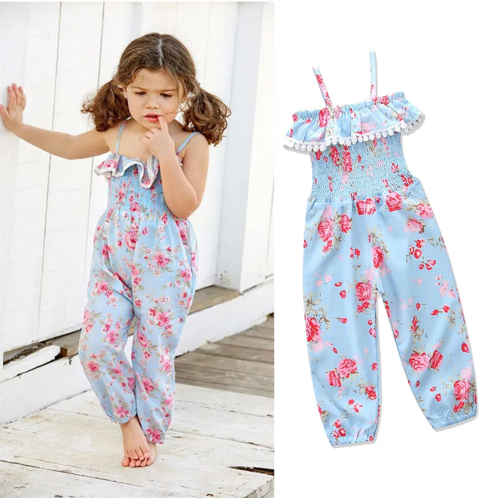 

2019 Summer Children'S Suit Baby Girl Floral Sling Fringed Ruffle Elastic Jumpsuit Trousers Children Clothes Girl