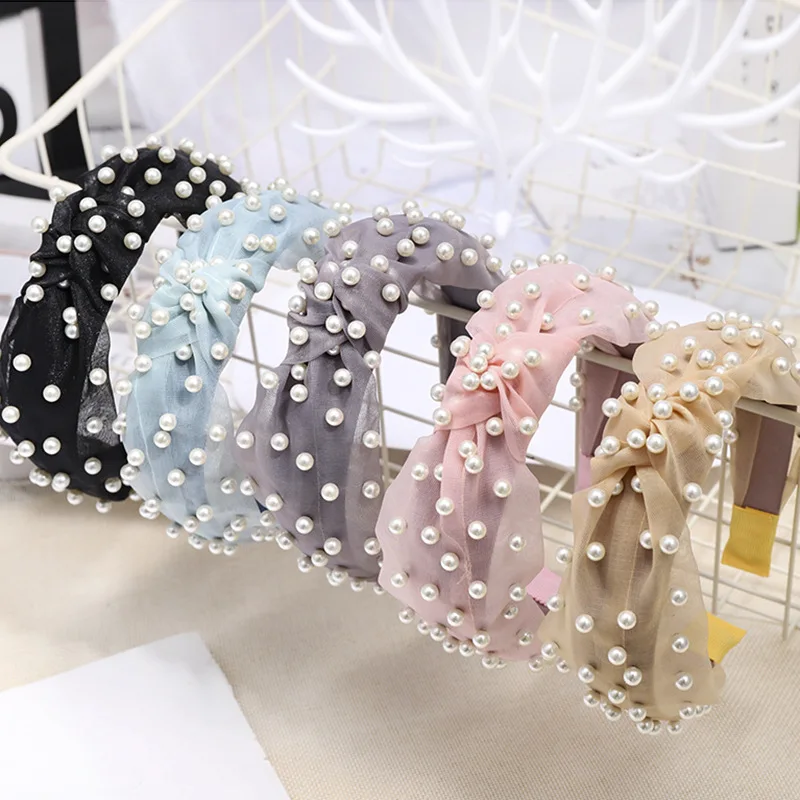 

Solid Color Soft Mesh Hairband with Pearl Summer Knotted Headband Korean Girls Lady Hair Bands Hoop Hair Accessories for Women
