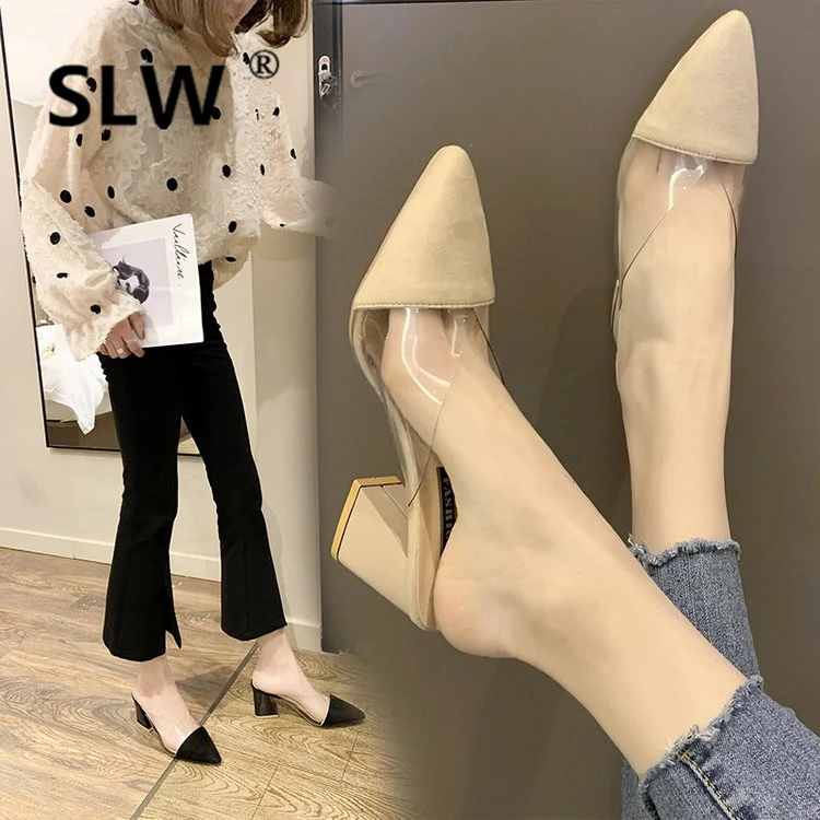

Shoes Flat Slippers Designer Slides Mules Women Cover Toe Square heel Med Luxury Sliders Heels 2019 Pointed Rubber Basic Rome