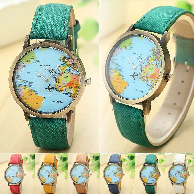 Hot Sale Mini World Fashion Quartz Watch Men Unisex Map Airplane Travel Around The World Women Leather Dress Wrist Watches#5