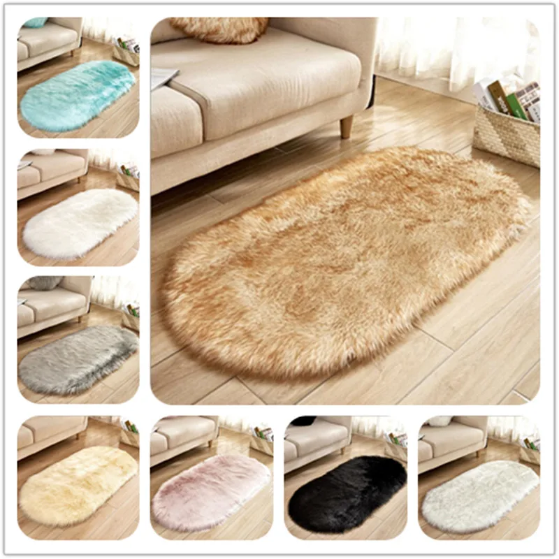 cheap New Arrival Artificial Wool Oval Carpet Sheepskin Fluffy Floor Mat Seat Sofa Carpet Plush Bedside Rugs Bedroom Mattress