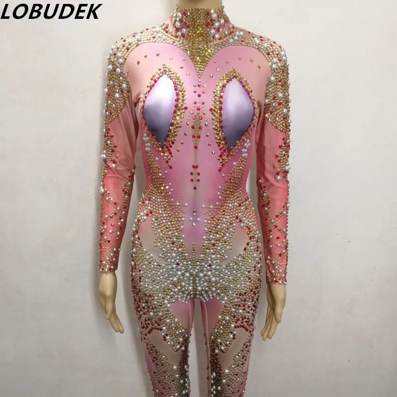 

Multicolour Rhinestones Pearls Jumpsuit Stretch Crystals Bodysuit Female Singer Dancer Stage Costume Party Celebration Jumpsuits