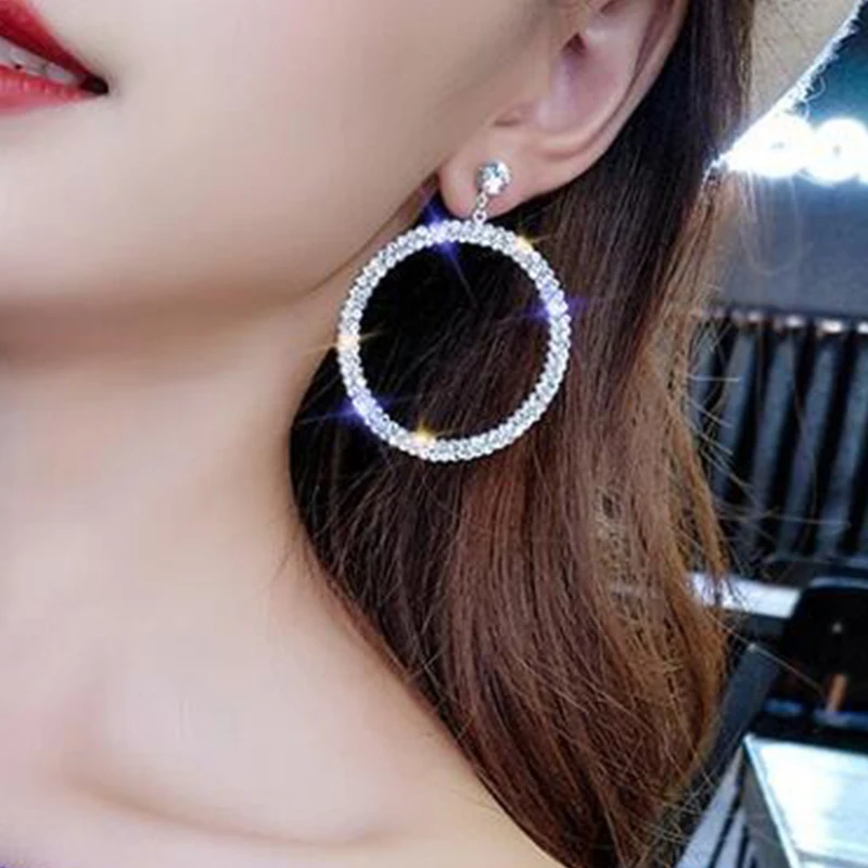 

2 Pcs/set Simple Female Earrings Round Crystal Gold Silver Earring Set Women Wedding Party Jewelry Accessories