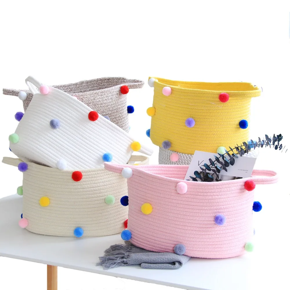

Storage Basket for Laundry Woven Cotton Rope Basket with Colorful Pompom Nursery Hamper Storage Bin for Baby Diaper Toy Home Con
