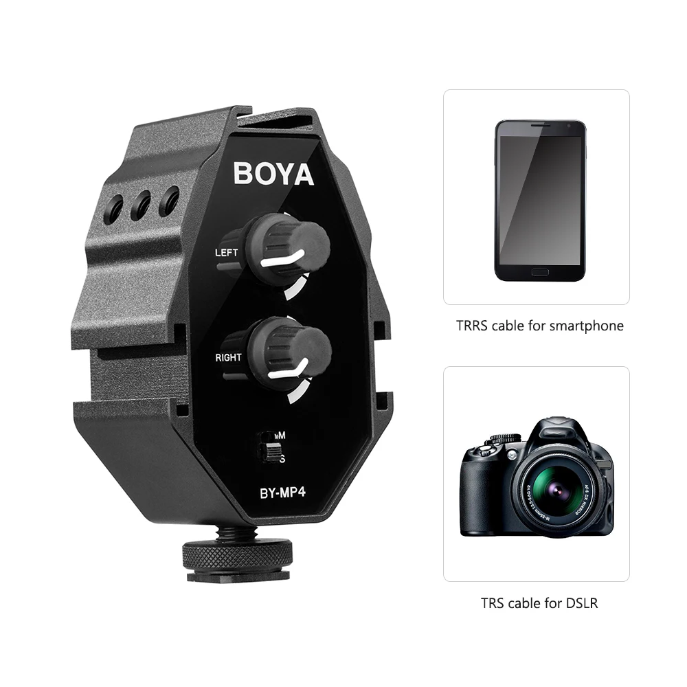 BOYA BY-MP4 2-х канальный аудио адаптер с подойдет как для повседневной носки, так и переключатель стереосистемы двойной микрофон крепления для iPhone 8 цифровой зеркальной камеры Canon Nikon DSLR Камера видеокамера