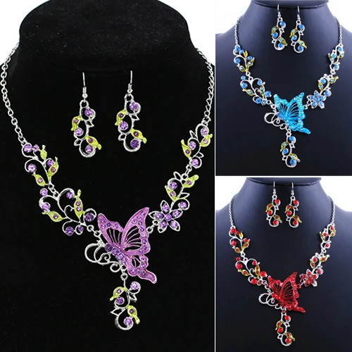 

Bride's Butterfly Flower Rhinestone Pendant Bib Statement Necklace Earrings Jewelry Set 08OO