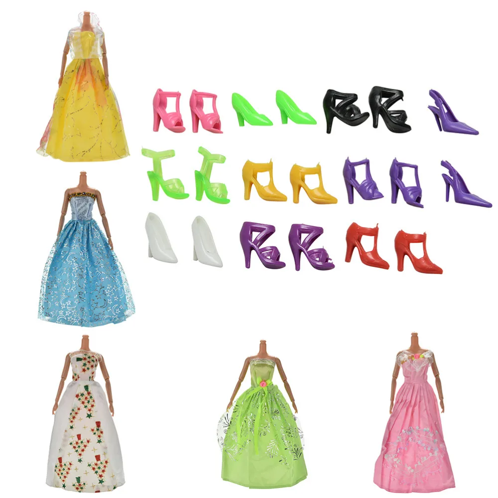 

1 Set 5 PCS Evening Dress For s+10 Pairs Shoes For Doll Wedding Dress Princess Gown Accessories Hot Sell