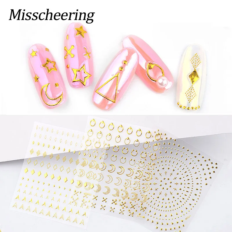 

1 Sheet Metallic Gold Self-adhesive Nail Art Stickers Decals 3D Star/Moon/Triangle Mix Design DIY Nail Art Decoration Manicure