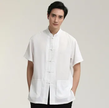 

High Fashion Kung Fu Solid Beige Singe Breasted Man Short Sleeve Dress Shirts Cotton Linen Top Clothing M L XL XXL XXXL 2710