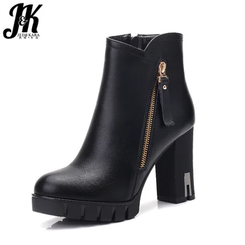 

JK 2018 New High Heels Ankle Boots Women Autumn Pu Zipper Boot Round Toe Square Heels Footwear Party Platform Feminine Shoes