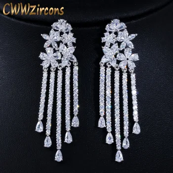 CWWZircons Sparkling Cubic Zirconia Pave Silver Long Flower Tassel Drop Wedding Earrings for Women Party Dress Jewelry CZ568 drop shoulder flower embroidery tassel tie dress