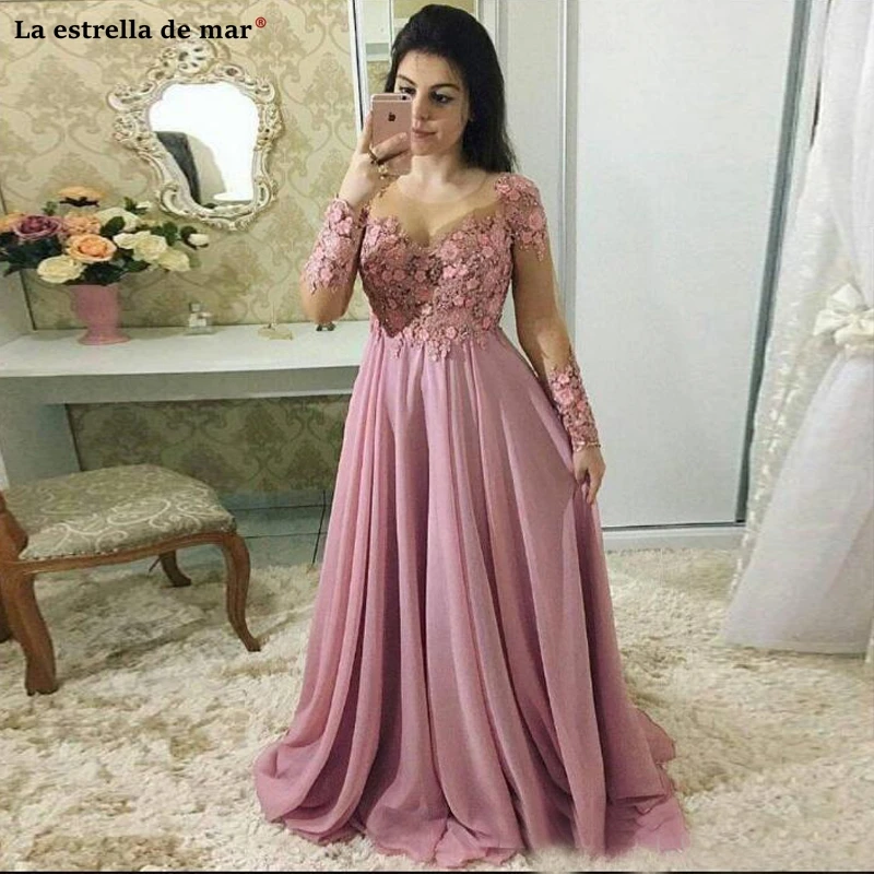 

Vestido formatura2021 new lace beaded chiffon long sleeve A Line blush pink prom dresses luxury vestido formatura longo de noite