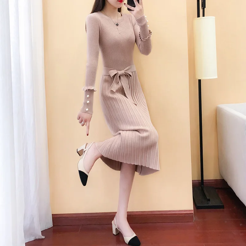 Online Vangull Elegante langarm OL Oansatz Pullover kleid casual frauen Dicken stricken Herbst Winter kleid weibliche Dünne A line grund kleid