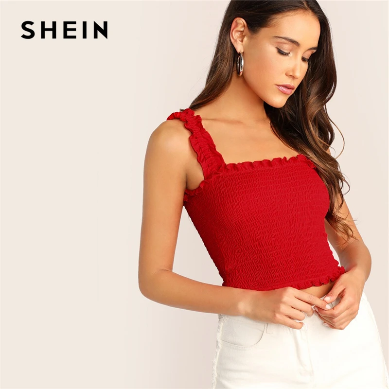 SHEIN модный короткий топ с оборкой, женская одежда, Boho эластичные топы, облегающие топы белого и красного цвета, летние топы