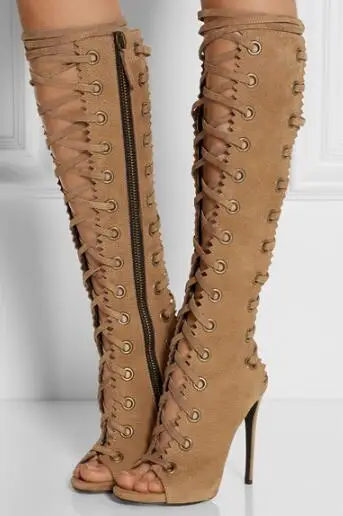 Summer new woman brown open toe cross-tied high heel knee high cool boots Ladies peep toe super high thin heel long boots Summer new woman brown open toe cross-tied high heel knee high cool boots Ladies peep toe super high thin heel long boots