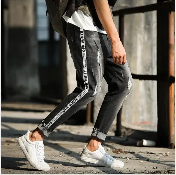 Black Men One Side Striped Biker Jeans 