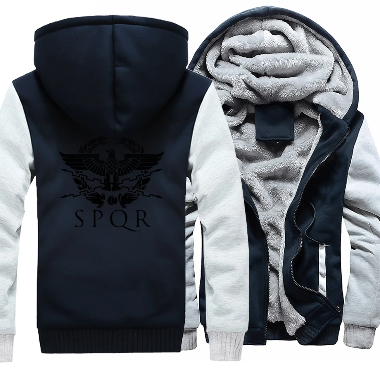Winter Thicken Hoodies Men SPQR Roman Gladiator Imperial Golden Eagle Printed Homme Hooded Sweatshirts Casual Harajuku Male Tops - Цвет: gray dark blue 1