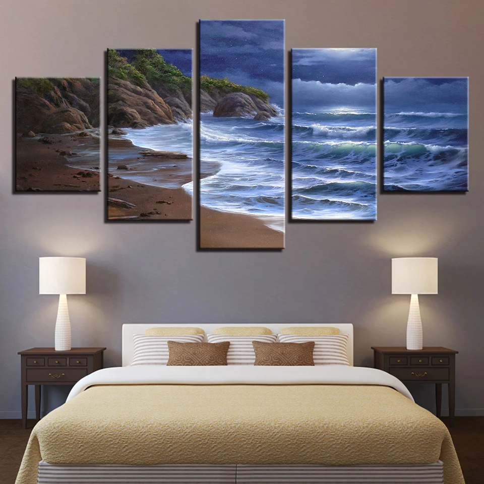 Canvas Paintings Living Room Wall Art Framework HD Prints 5 Pieces Sea Wave Nightscape Pictures Beach Seascape Poster Home Decor
