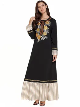 

Comfortable and fashionable plus-size women's black patchwork embroidered long sleeve round neck casual Muslim dress