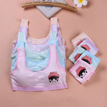 

1 Set Puberty Young Girl Training Bras Set Student Sport Vest Style Wire Free Padded Cute Running Bras Teenagers Underwears Set