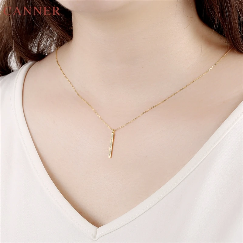 Micro Zircon Metal Bar Pendant Necklace Women Simple Gold Chain Fashion Necklaces 925 Sterling Silver Jewelry colier femme C40
