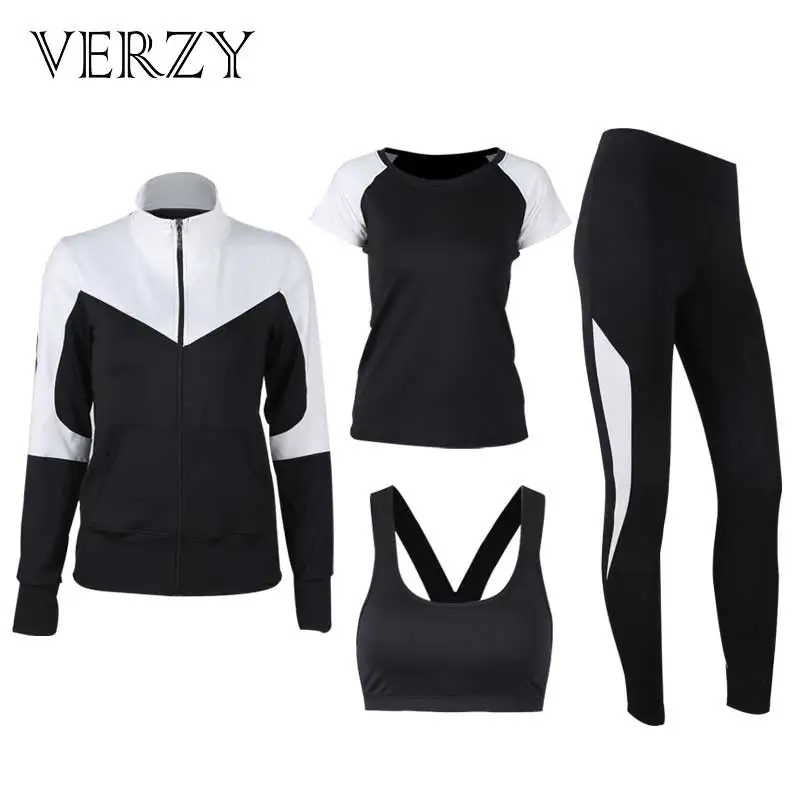 

Solid Black and White Yoga Set Women Plus Large Size Hoodie+Bra+T-shirt+Leggings Running Gym Fitness Sports Suit