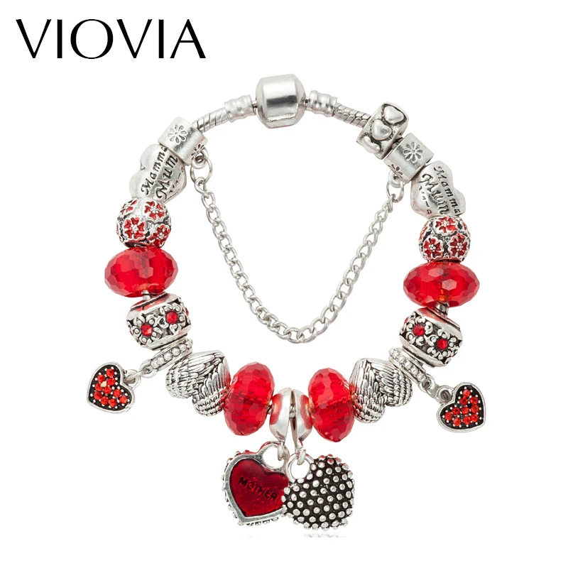 

VIOVIA New Fashion Design Red Crystal Bracelet Antique Silver Color Charm Beads Fit Charms Bracelets For Women Gift B15307