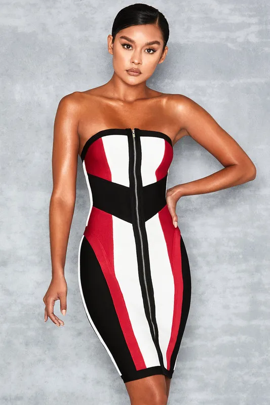 

Top Quality Red White Black Strapless Geometric Rayon Bandage Dress Cocktail Party Dress