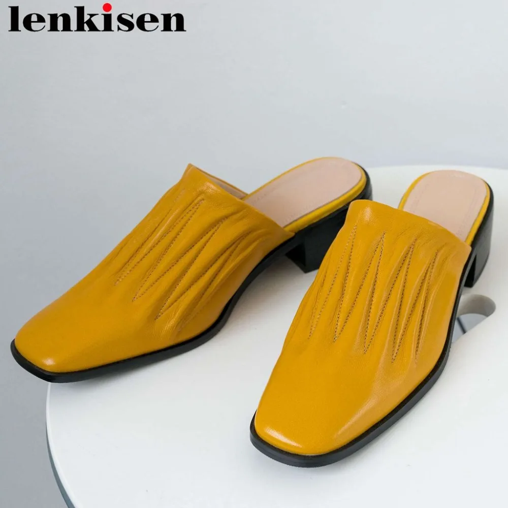 

Lenkisen pleated design pretty girls chunky heels squaret toe soft sheep leather slip on mules clubwear brand women pumps L61