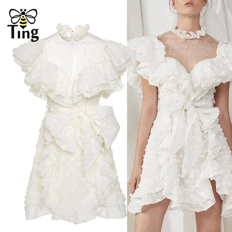 

Tingfly Runway Designer White Dot Mesh Patchwork France Chic Short Dress Elegant Ruffles Mini Party Dresses with Sashes Vestidos
