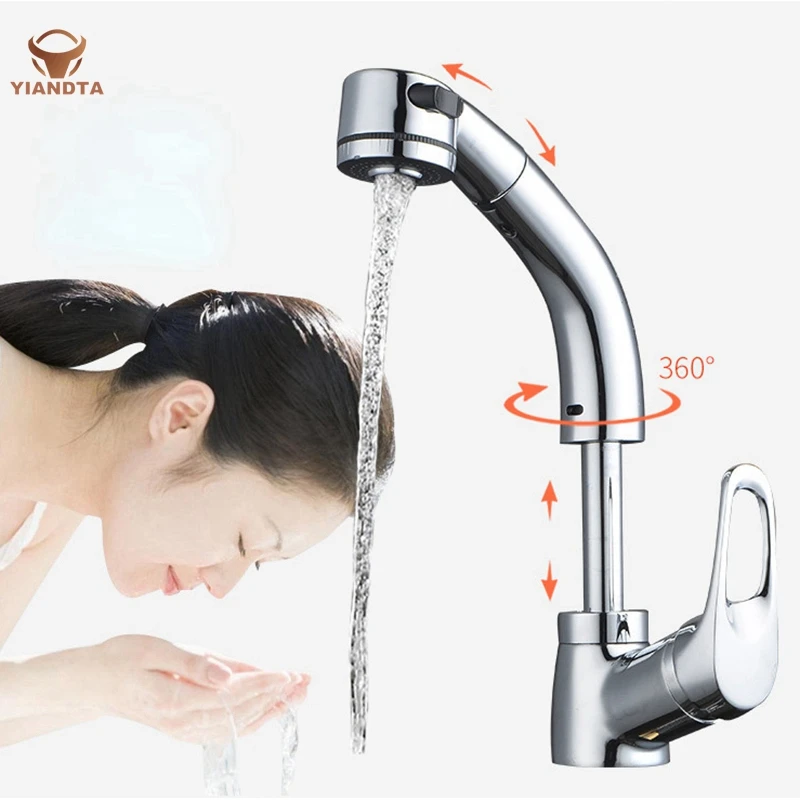 

Multi-function All Copper Pull Out Kitchen Faucet Can Lift Rotary Faucet