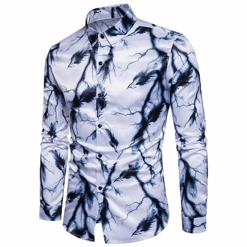 

2018 Spring New Arrival Men's Printing Casual Shirts High Quality Fashion Lightning Feather Print Design Men's Dress Shirts