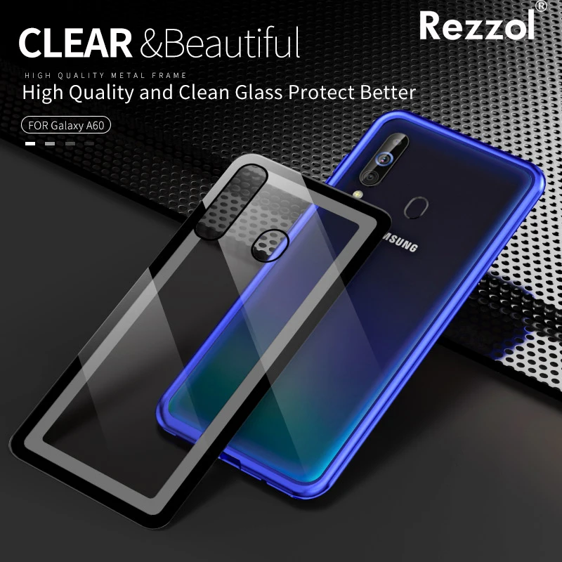 For Samsung Galaxy A60 Case Transparent Tempered Glass Metal Frame Back Cover Hard Cases Clear phone case |