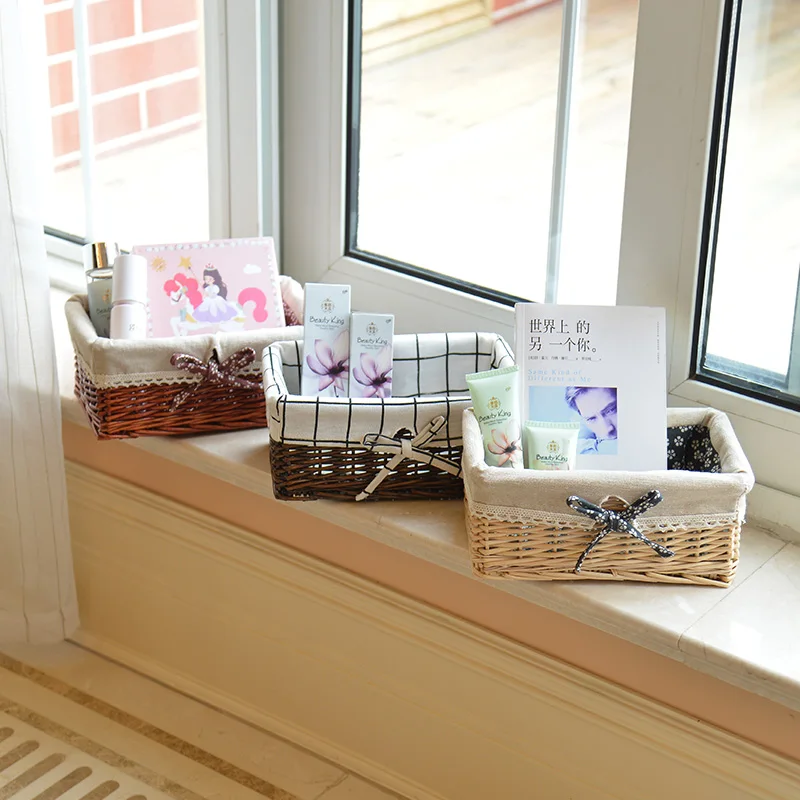 1PC handmade Bow Cosmetic Storage Box Willow Linen Desktop Basket Makeup Cloth Jewelry Food Toys Organizer Sundries Container