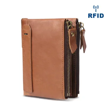 

SAFE Anti RFID Vintage First Layer Cow Leather Men Wallet Zipper Coin Purses Natural Genuine Leather Short Standard Wallets