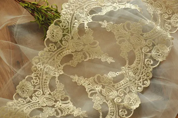 

2 yards Gold Lace Trim , Vintage Style Gold Embroidery Bridal Veil Lace Trim for Bridal Veil Table Runner Wedding Gown Curtain