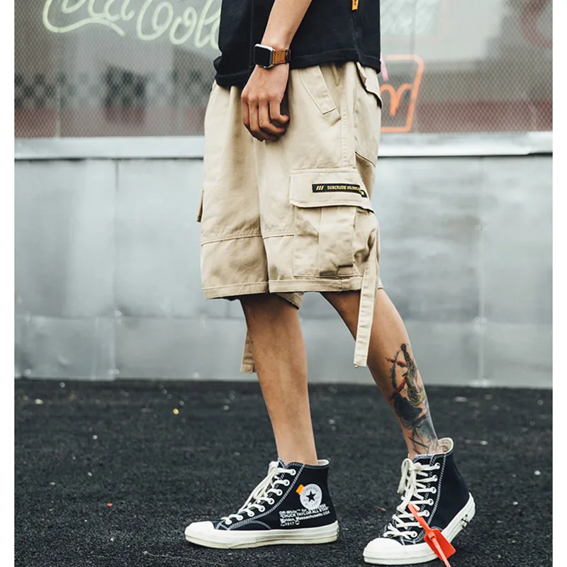 Хип-хоп карго короткий уличная Мужская Harajuku короткий летний карман Короткие хлопковые беговые штаны серые повседневные свободные уличная одежда