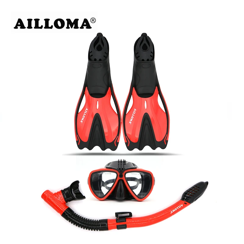 

AILLOMA Adult Long Diving Fins sets Camera Anti-Fog Mask Goggles Full Dry Snorkel Diver Breathing Scuba Diving Duck feet fins